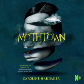 audiobook cover of Mothtown by Caroline Hardaker featuring the disembodied head of a young boy sliced to reveal smoke and a moth hiding within