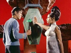 LOS ANGELES - SEPTEMBER 15: From left, Leonard Nimoy as Mr. Spock and Arlene Martel as T'Pring, in the STAR TREK episode, "Amok Time." Original airdate, September 15, 1967, season 2, episode 1. Image is a screen grab. (Photo by CBS via Getty Images)