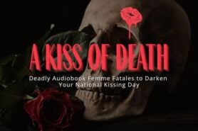 Kiss of Death Blog Header featuring a human skull with dripping kiss mark and a dark red rose