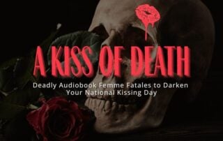 Kiss of Death Blog Header featuring a human skull with dripping kiss mark and a dark red rose