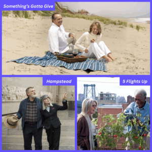 Collage featuring still images from three Diane Keaton movies - SOMETHING'S GOTTA GIVE, HAMPSTEAD, and 5 FLIGHTS UP