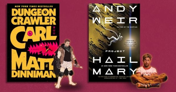 dungeon crawler carl and project hail mary book covers with main characters