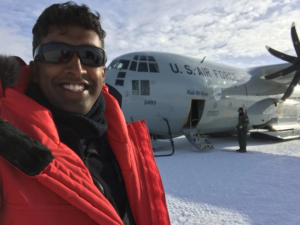 Michael Nayak in Antarctica with military plane